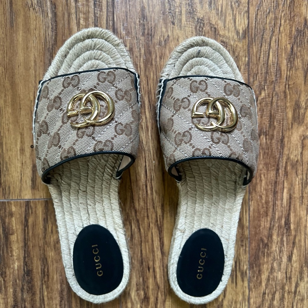 Gucci Women's Tan Monogram Slide Sandals